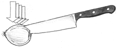 The knife's thin tip makes four or five vertical cuts.